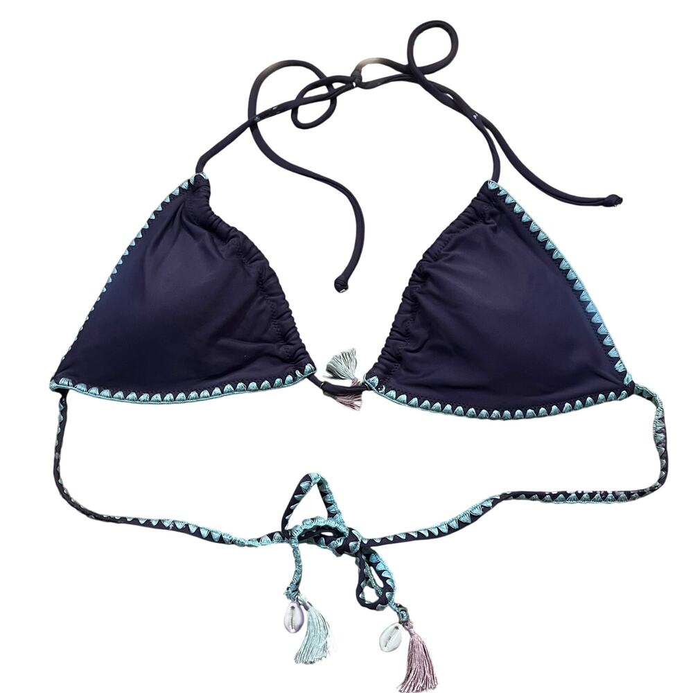 Victoria’s Secret Triangle Bikini Top Brown‎ Aqua Trim Shell Tassel Women’s M